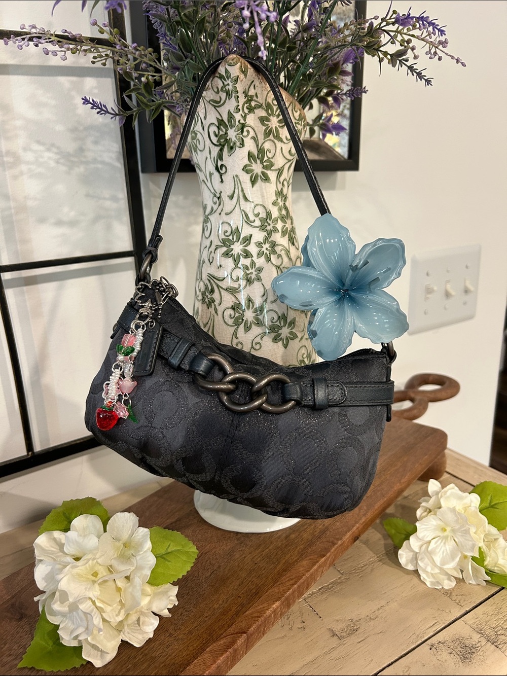 Coach Black Jacquard Shoulder Bag with Chunky Chain